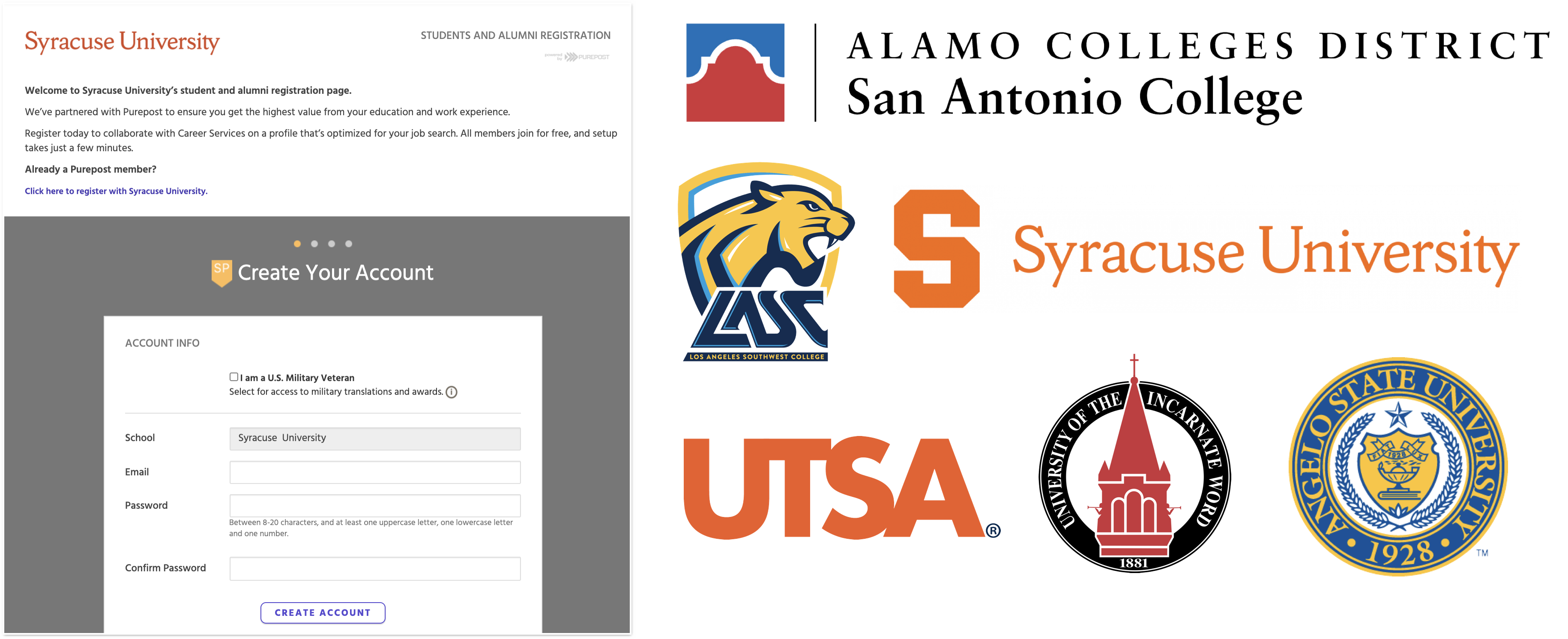 University Registration Page and School Logos