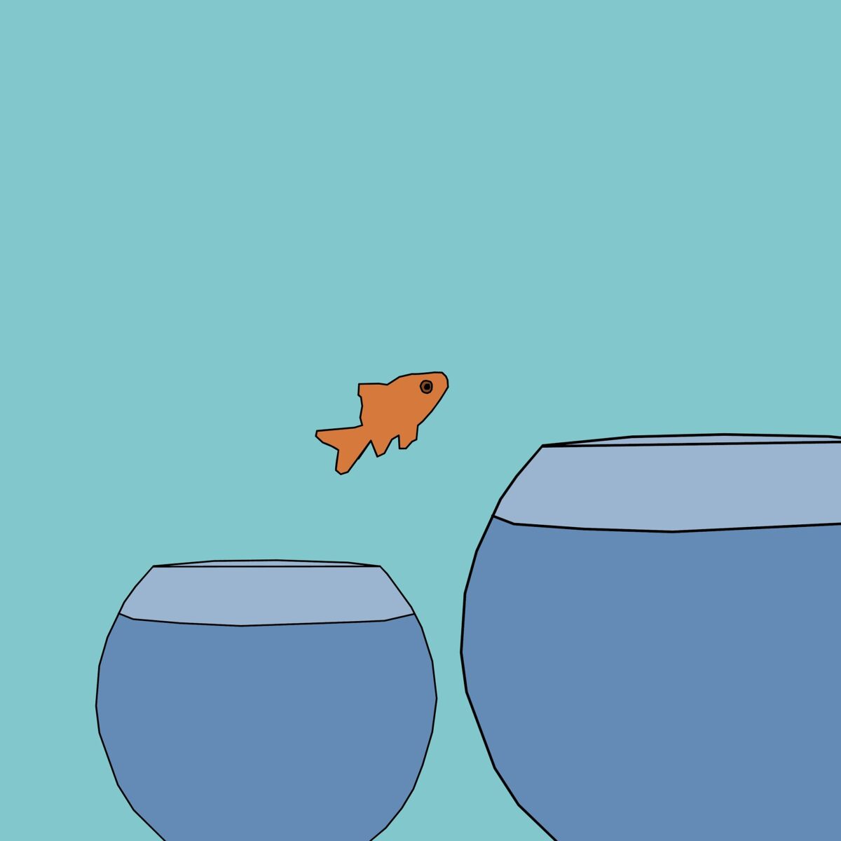 Military Transition symbolized by a goldfish jumping to a larger bowl